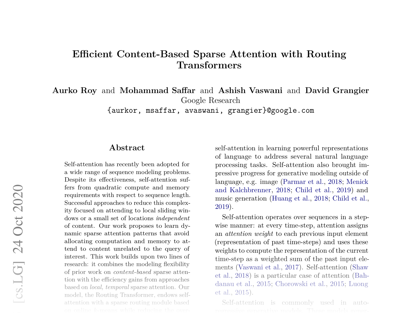 [Efficient Content-Based Sparse Attention with Routing Transformers 🔗](https://arxiv.org/abs/2003.05997)