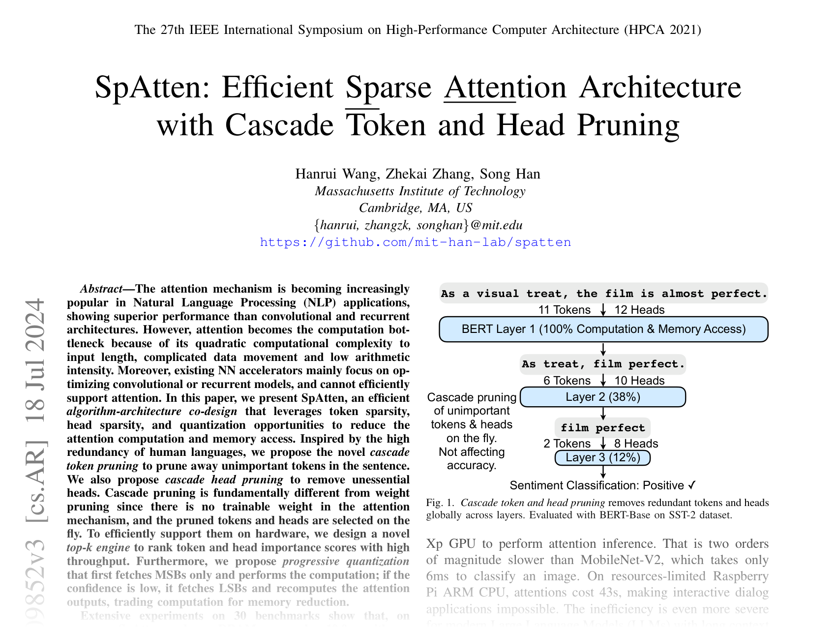 [SpAtten: Efficient Sparse Attention Architecture with Cascade Token and Head Pruning 🔗](https://arxiv.org/abs/2012.09852)