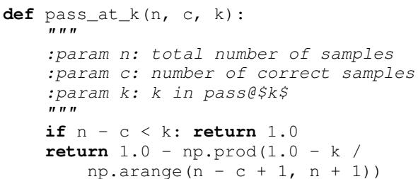 A numerically stable Python script for calculating the unbiased estimate of pass@k.