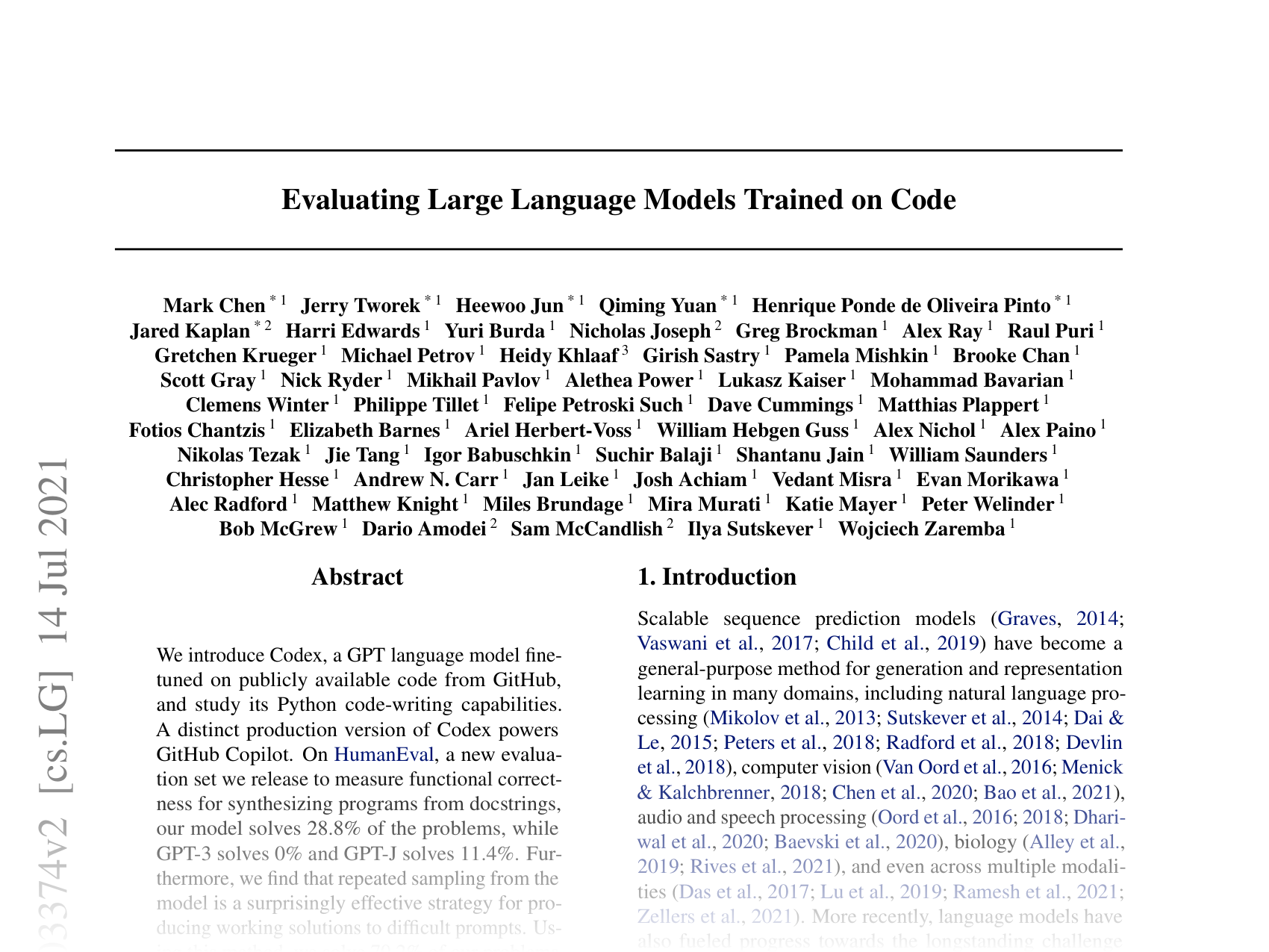 [Evaluating Large Language Models Trained on Code 🔗](https://arxiv.org/abs/2107.03374)