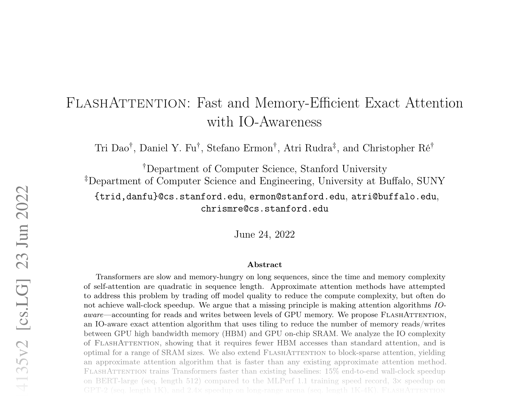 [FLASHATTENTION: Fast and Memory-Efficient Exact Attention with IO-Awareness 🔗](https://arxiv.org/abs/2205.14135)