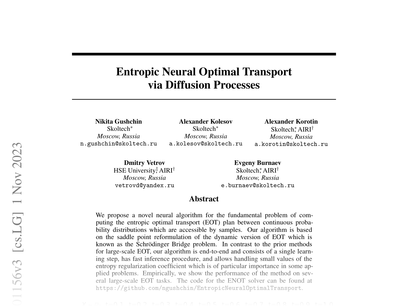 [Entropic Neural Optimal Transport via Diffusion Processes 🔗](https://arxiv.org/abs/2211.01156)