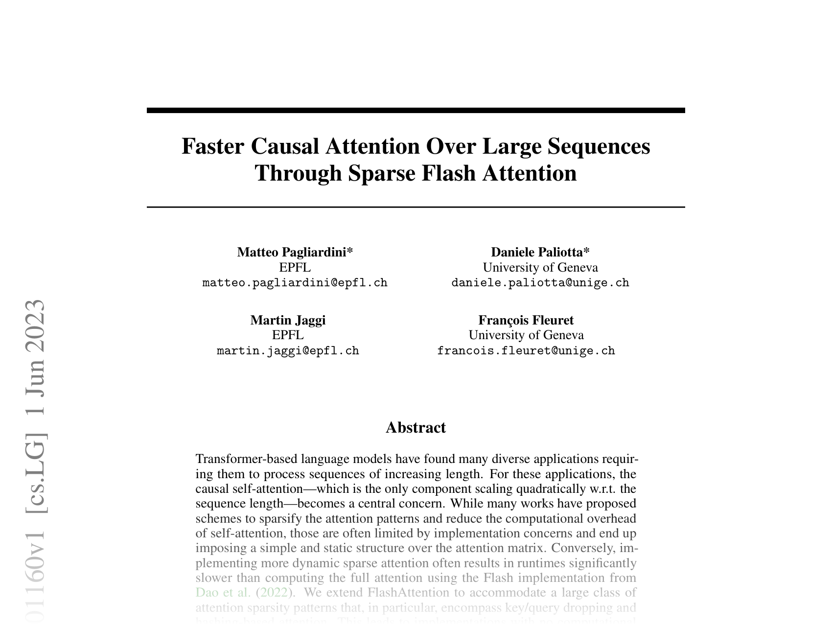[Faster Causal Attention Over Large Sequences Through Sparse Flash Attention 🔗](https://arxiv.org/abs/2306.01160)