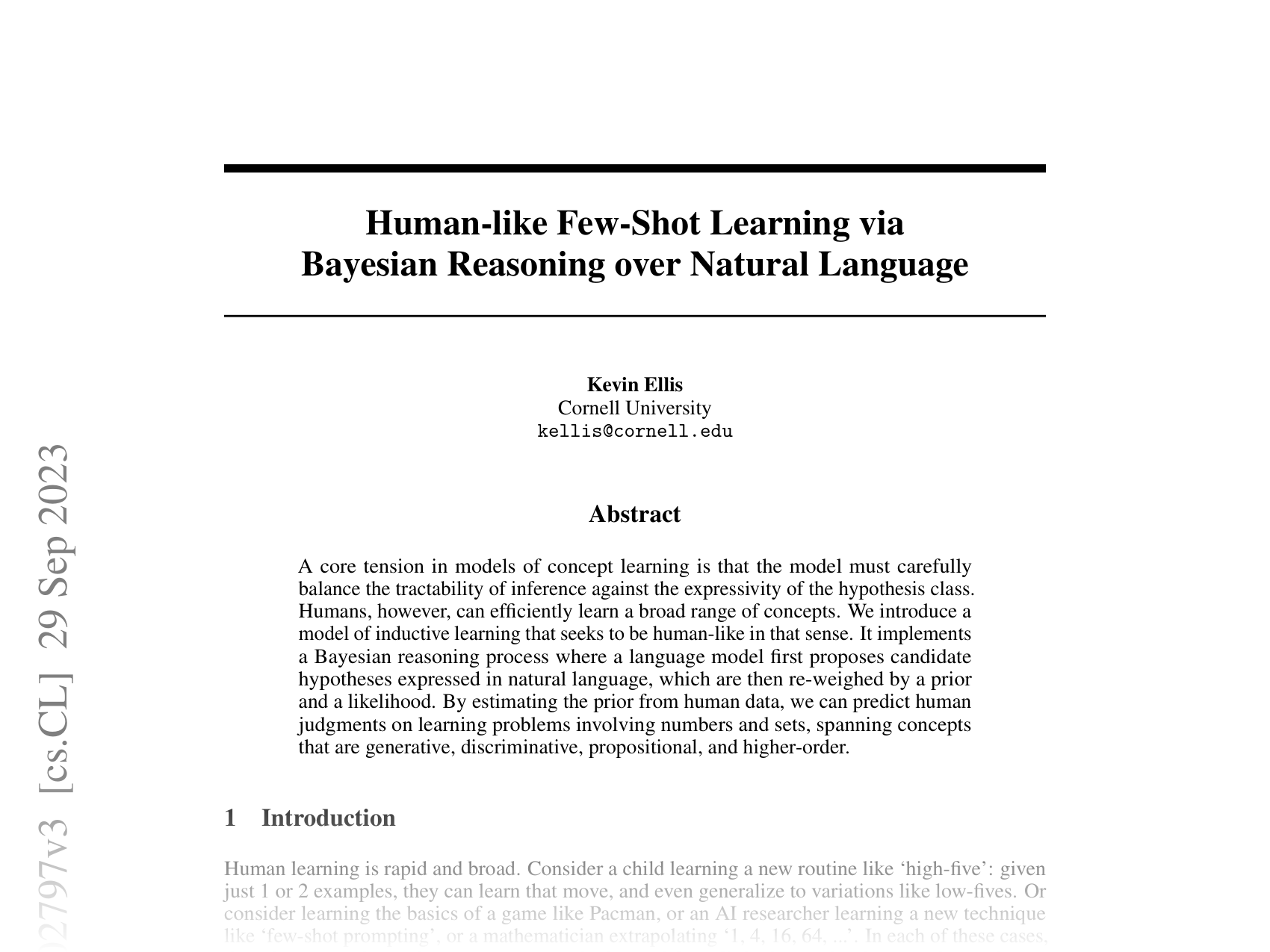 [Human-like Few-Shot Learning via Bayesian Reasoning over Natural Language 🔗](https://arxiv.org/abs/2306.02797)