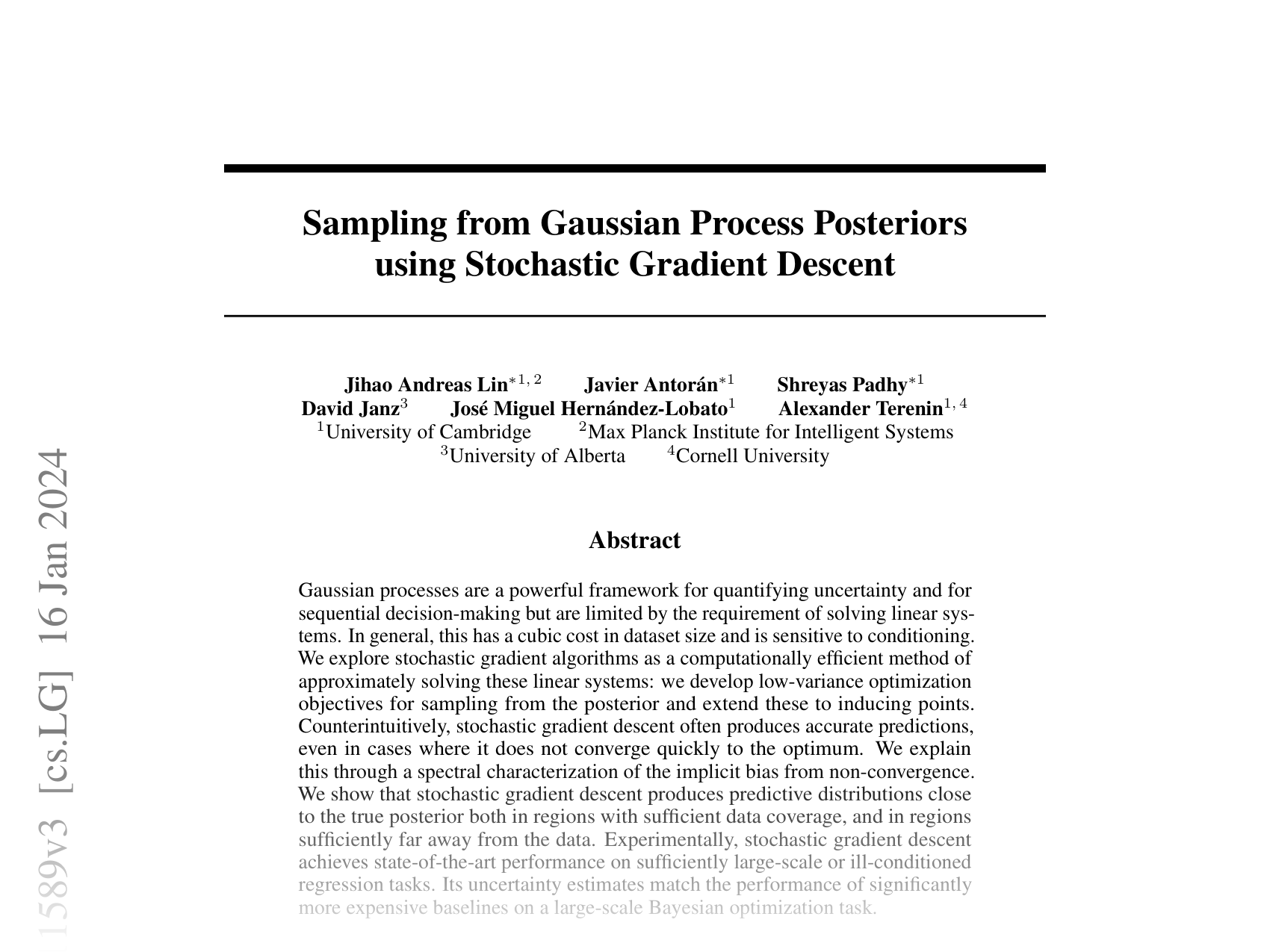 [Sampling from Gaussian Process Posteriors using Stochastic Gradient Descent 🔗](https://arxiv.org/abs/2306.11589)