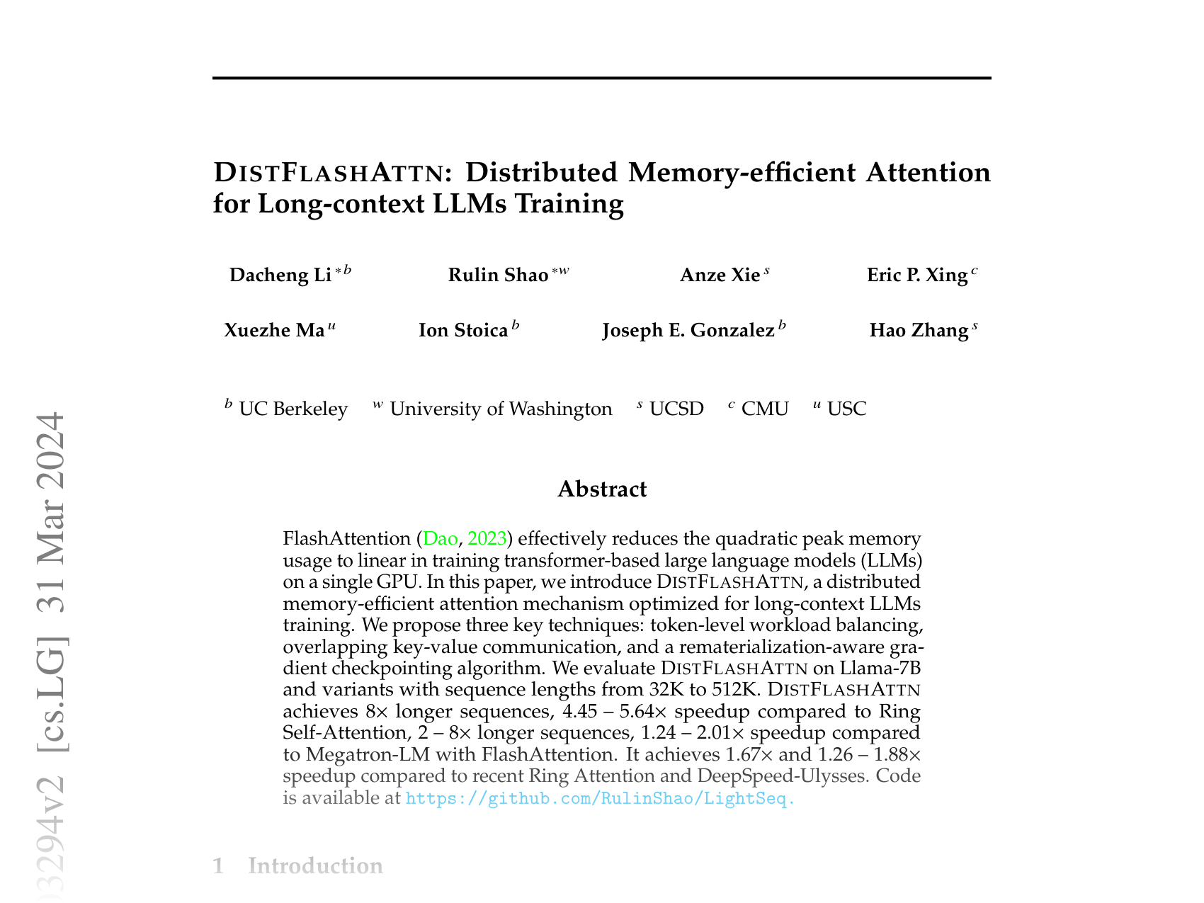 [DISTFLASHATTN: Distributed Memory-efficient Attention for Long-context LLMs Training 🔗](https://arxiv.org/abs/2310.03294)