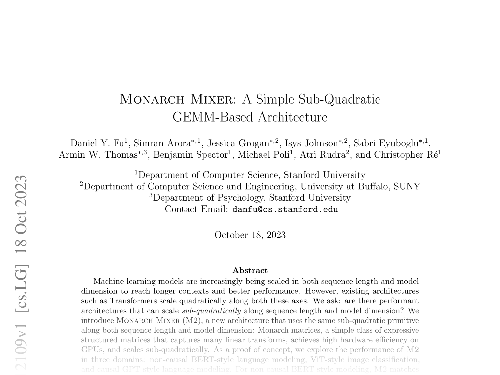 [MONARCH MIXER: A Simple Sub-Quadratic GEMM-Based Architecture 🔗](https://arxiv.org/abs/2310.12109)