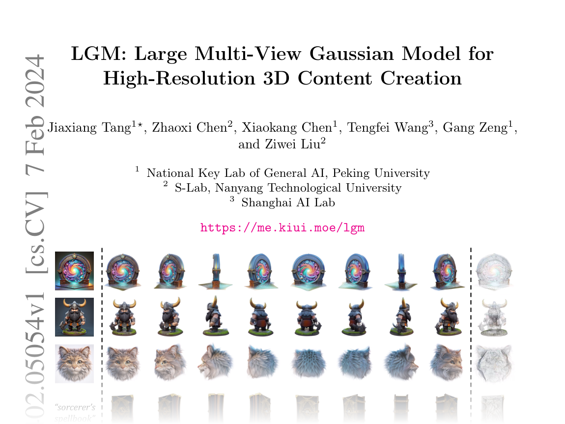 [LGM: Large Multi-View Gaussian Model for High-Resolution 3D Content Creation 🔗](https://arxiv.org/abs/2402.05054)