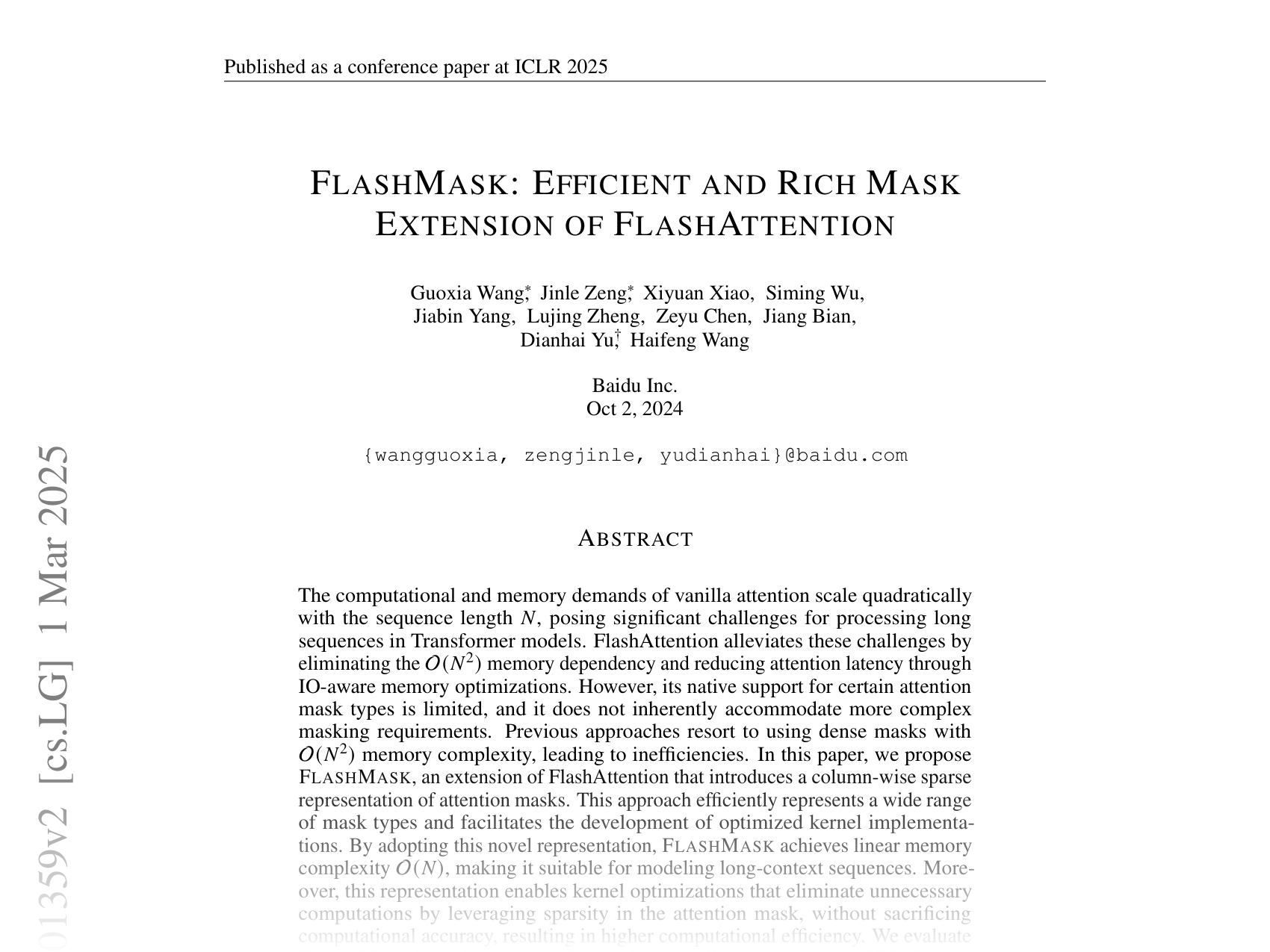 [FLASHMASK: EFFICIENT AND RICH MASK EXTENSION OF FLASHATTENTION 🔗](https://arxiv.org/abs/2410.01359)