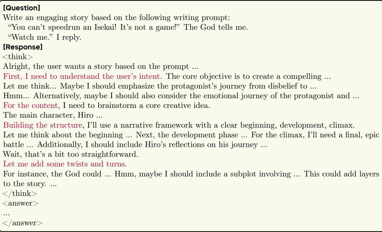 An example of a model’s internal monologue, showing it planning a story, considering alternatives (“Hmm… Alternatively”), and self-correcting (“Wait, that’s a bit too straightforward.”).