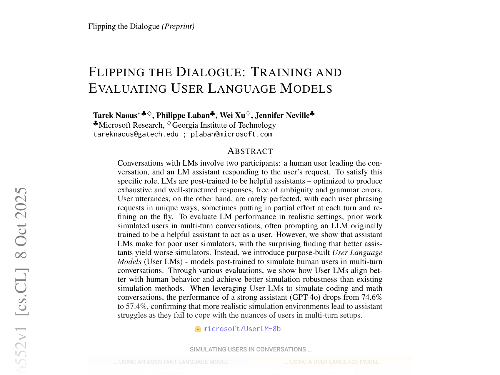 [FLIPPING THE DIALOGUE: TRAINING AND EVALUATING USER LANGUAGE MODELS 🔗](https://arxiv.org/abs/2510.06552)